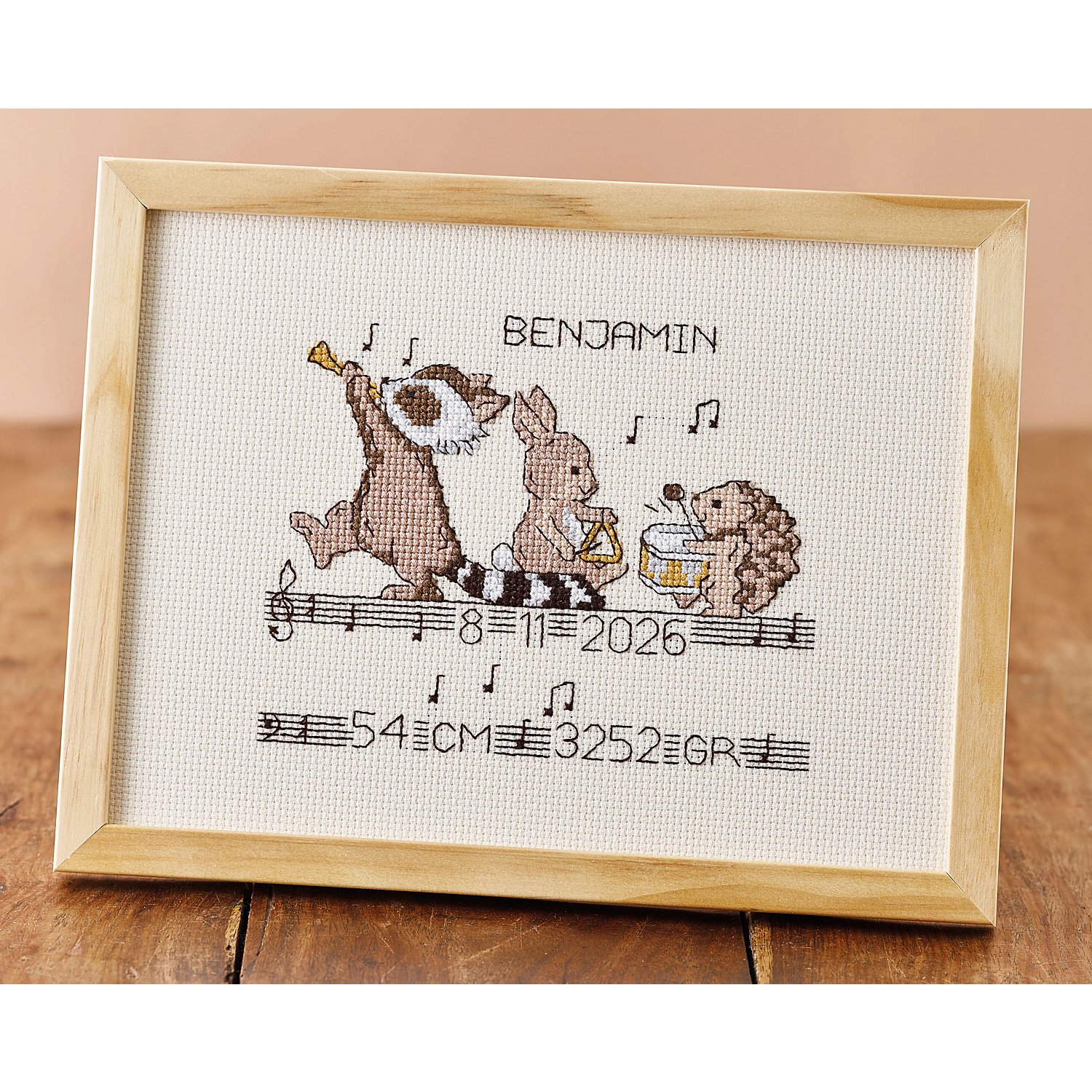 Tableau de naissance à broder "musique et animaux de la forêt", 24 x 18 cm