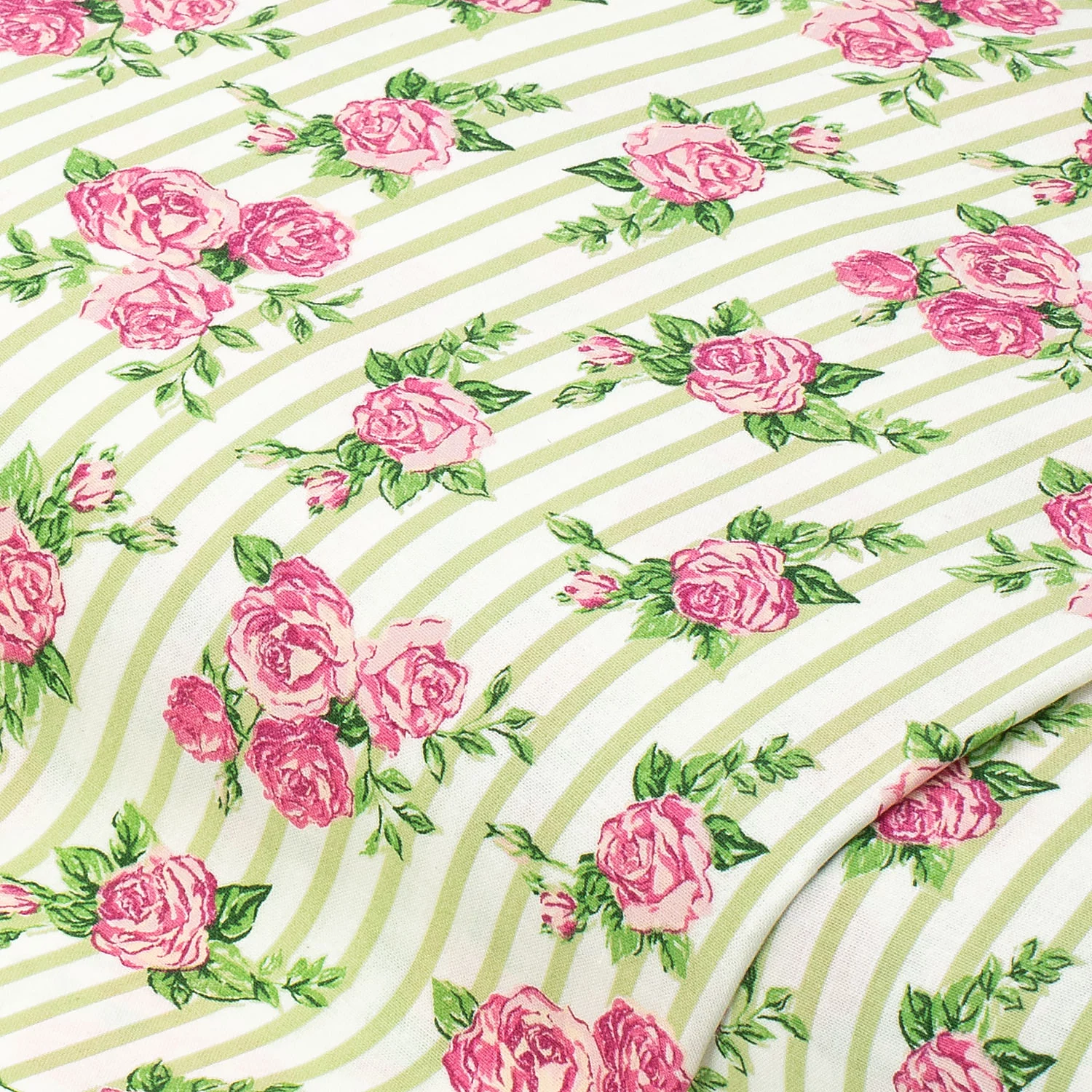 Baumwollstoff Rosen & Streifen Mona, weiß/grün