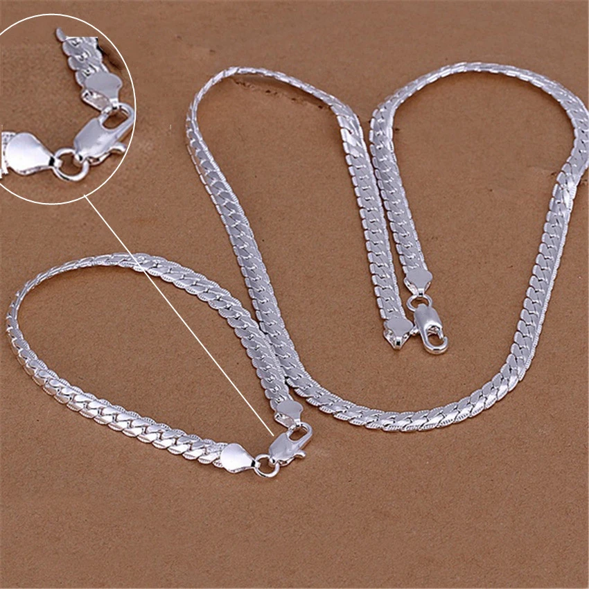 Regali di Natale in argento sterling 925 Stile europeo 6MM Collana a catena piatta Bracciali Moda per uomo Donna Set di gioielli S085