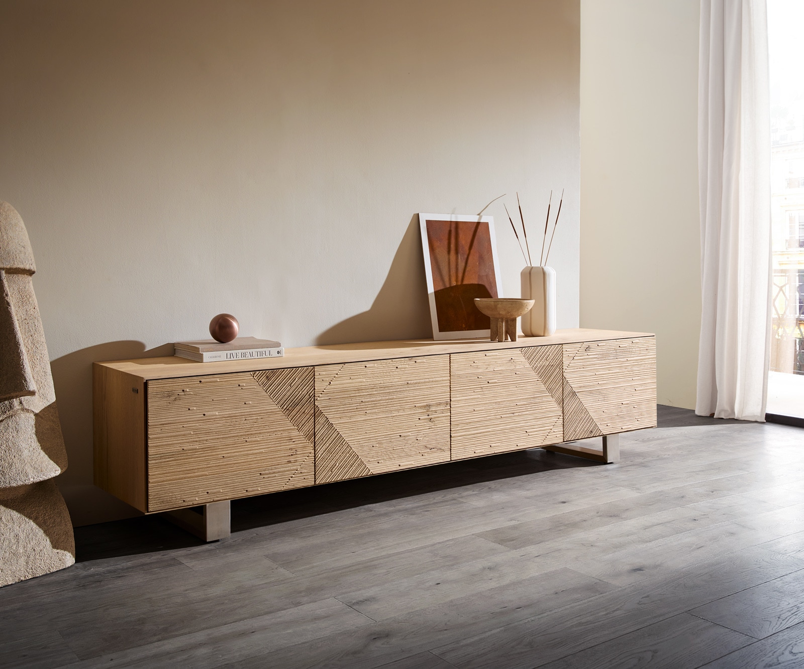 DELIFE Lowboard Tereos 220 cm Eiche Natur 3D Effekt 4 Türen Kufe Edelstahl gebürstet, Lowboards Image