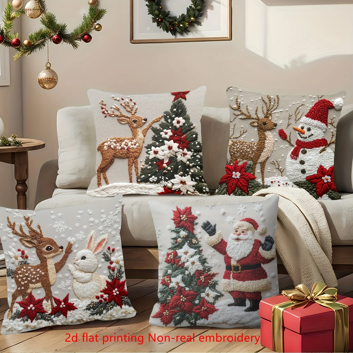 4 Stück Kissenbezüge mit Weihnachtsmotiv, 2D-flachem Weihnachtsmann-Rentier-Druck, handwaschbarer Reißverschluss, Heimdekoration für Schlafsofas