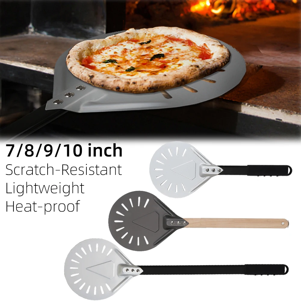 Kleine Pizzaschaufel, drehendes Paddel, rundes Pizzagegerät, Holzgriff, Ofenzubehör, 7, 8,9 cm, Pizzaschaufel, Aluminium, antihaftbeschichtet Image