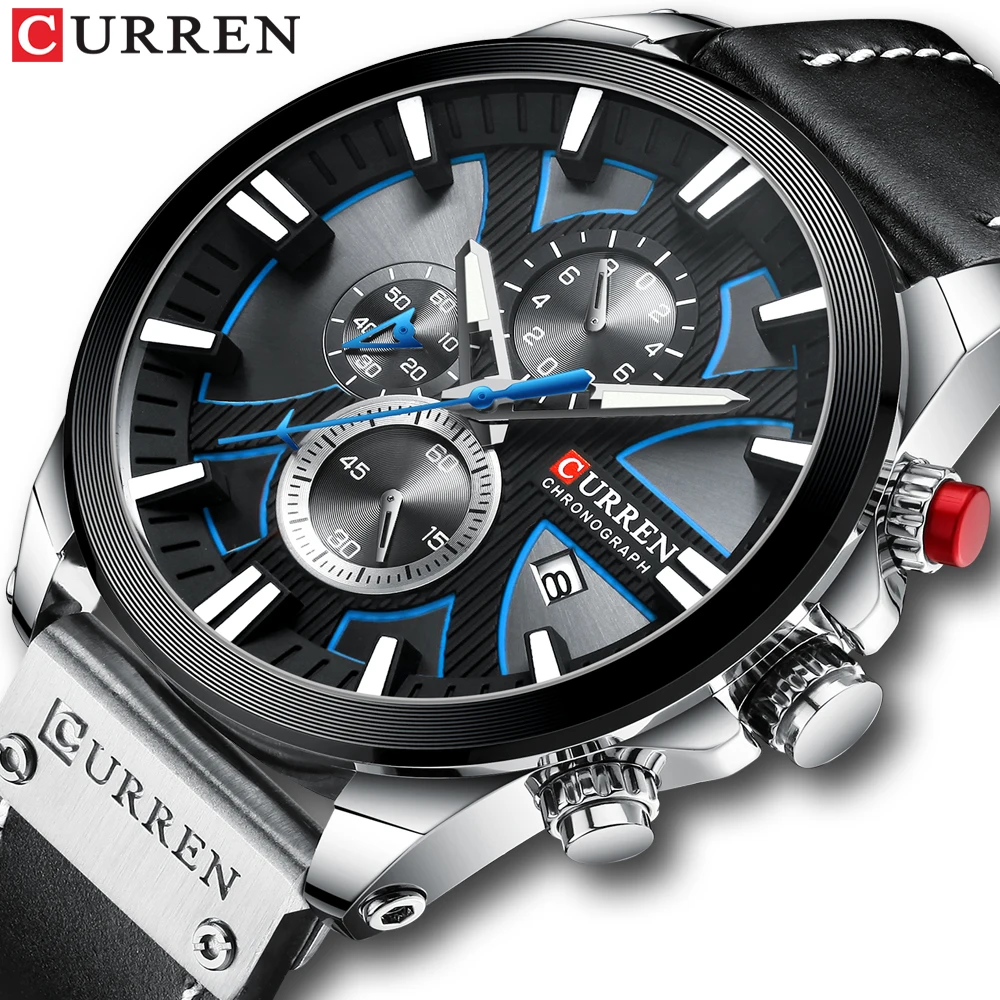 CURREN Uhr Chronograph Sport Herrenuhren Quarzuhr Leder Herrenarmbanduhr mit Box Modegeschenk für Männer Image