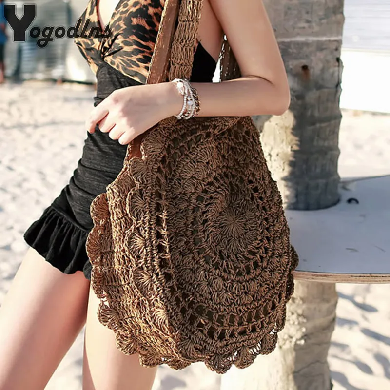 Bohemian Stroh Taschen für Frauen Kreis Strand Handtaschen Sommer Rattan Schulter Taschen Handgemachte Gestrickte Reise Große Totes Tasche Neue Image