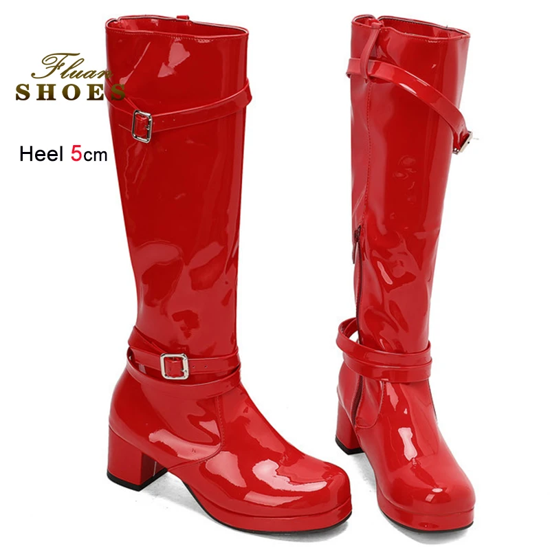 Neue Rote Frauen Knielange Stiefel Chunky Heels 5 cm Plattform Karree Gürtel Schnalle Seite Zipper Damen Schuhe Stahlrohr tanz Stiefel