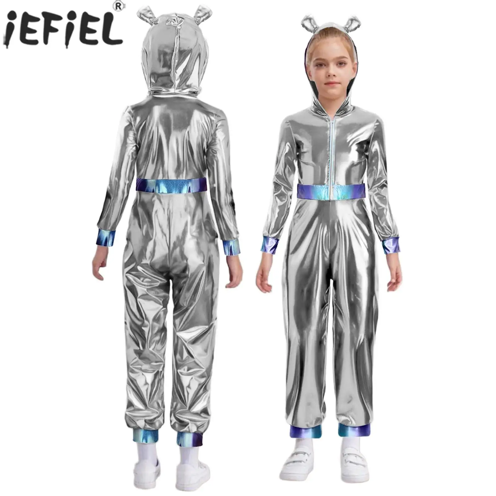 Kinder Alien Roboter Astronaut Cosplay Kostüm Langarm Metallisch Glänzend Kapuzenoverall für Halloween Weltraum Thema Party Image