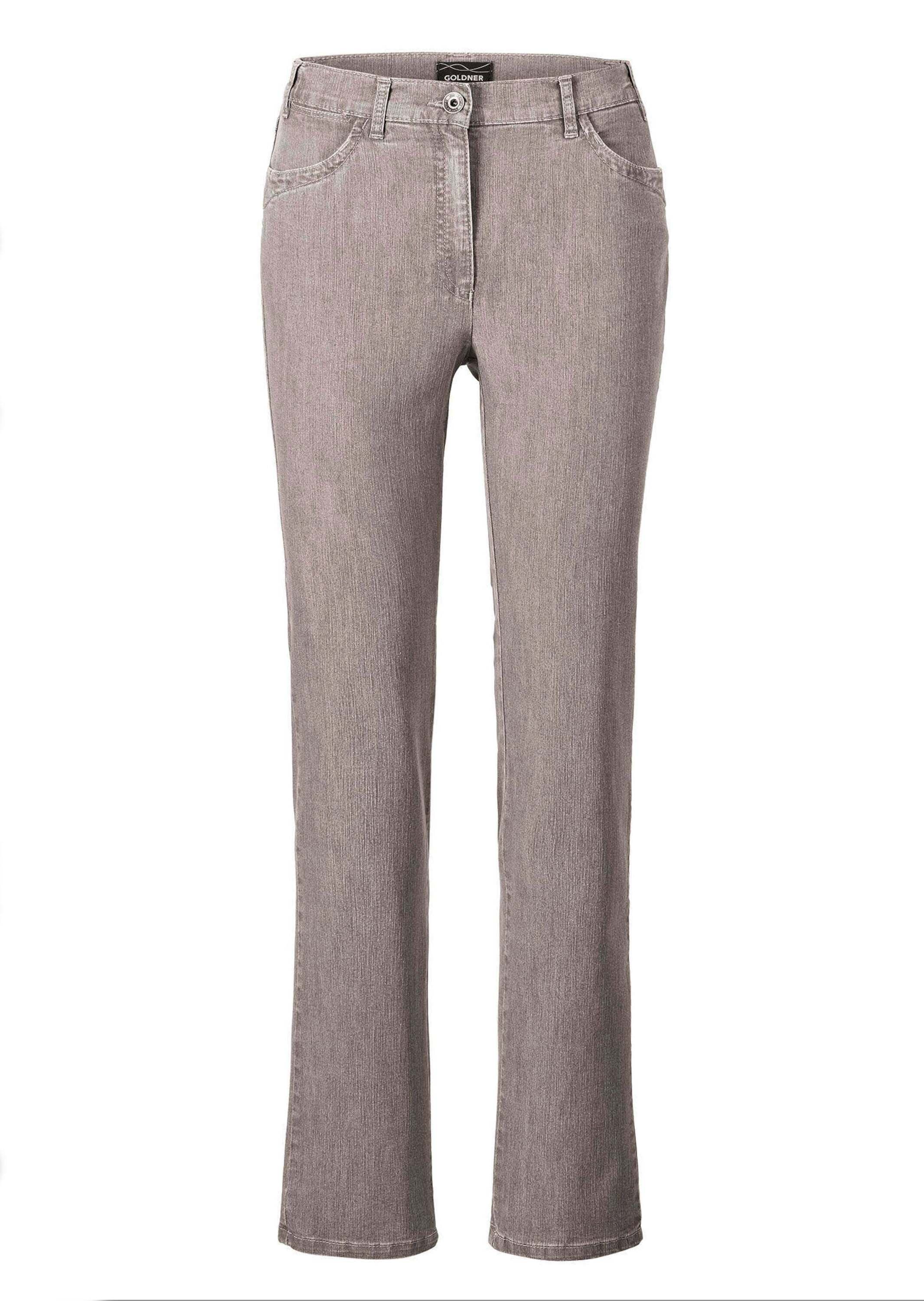 Stretch-Jeans GOLDNER "Kurzgröße Edel geschmückte Jeanshose ANNA", Damen, Gr. 22, K-Gr, beige (helltaupe), Obermaterial: 83% Baumwolle CO. 16% Polyester PES. 1% Elasthan EL., Jeans