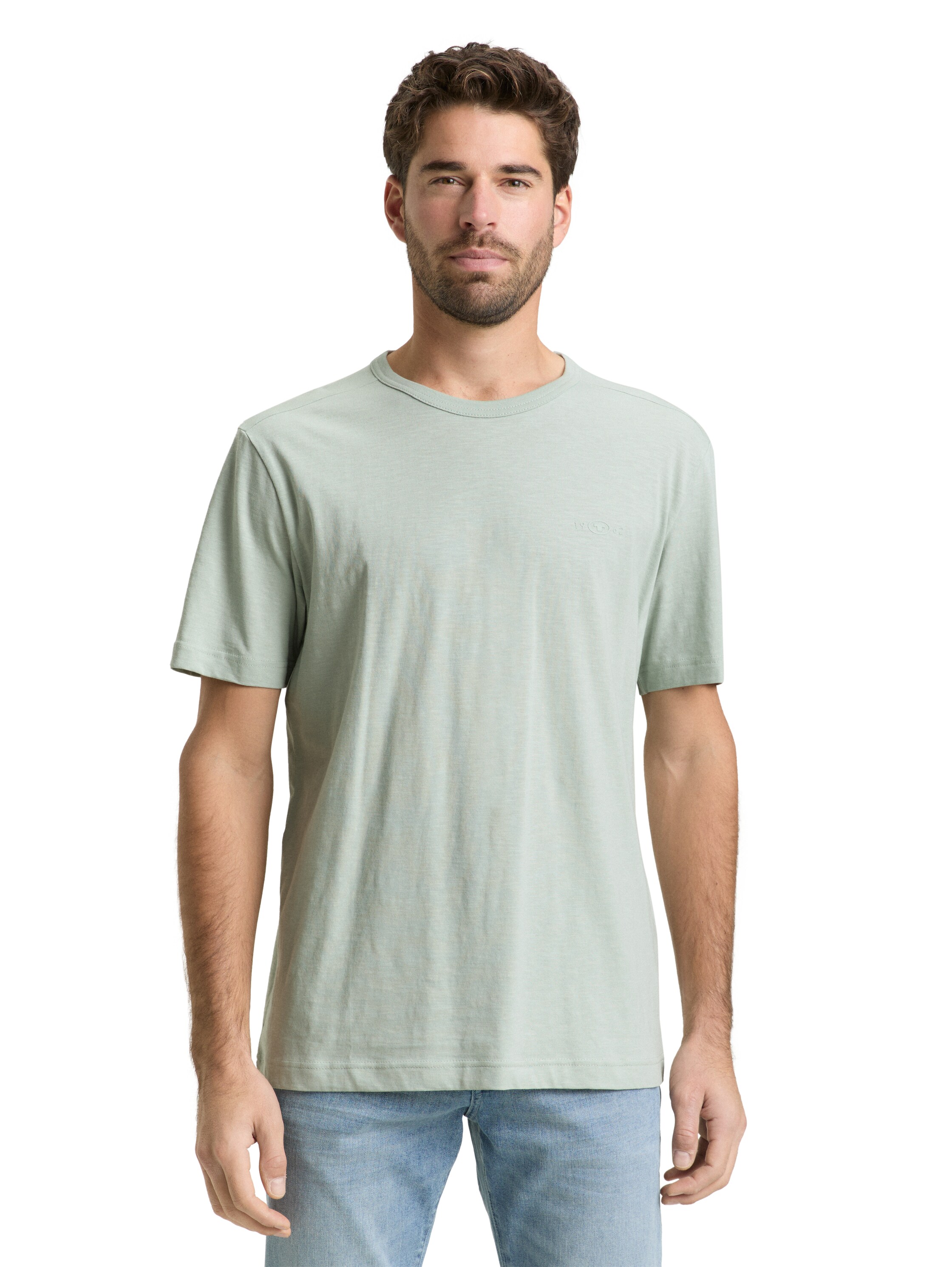 T-Shirt TOM TAILOR, Herren, Gr. S, soft grauish grün, Single Jersey, Obermaterial: 100% Baumwolle, regular fit taillenbedeckt, Rundhals, gerader Abschluss, Shirts T-Shirt, mit Logo Stickerei