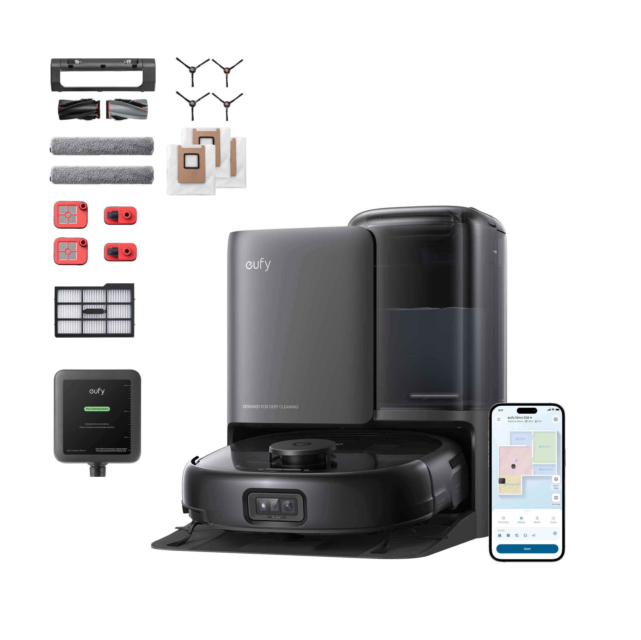 eufy Robot Vacuum Omni E25 with Complete Accessory Kit and cleaning solution