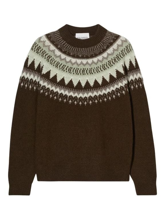 Fairisle-Pattern Crew-Neck Sweater - Brown - Closed Knitwear