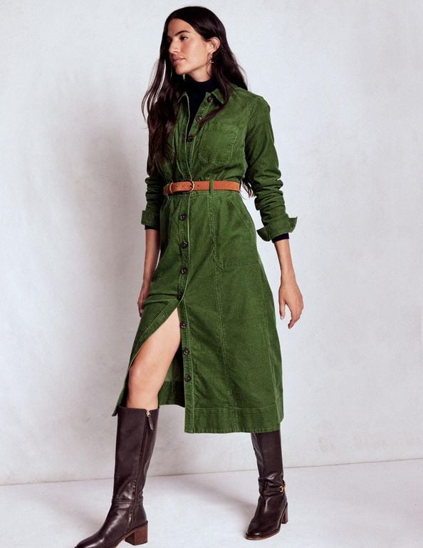 Amanda Cord Midi Dress - Green - Boden Dresses