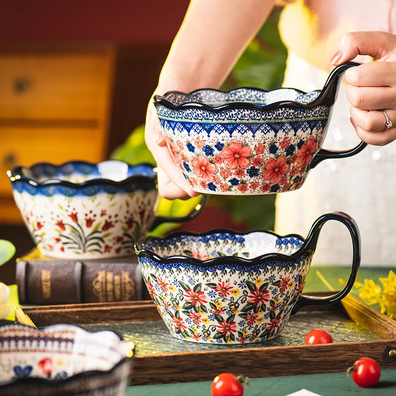 Hand Painted Japanese Handle Ceramic Bowl Ramen Salad Noodle Bowls Retro Pasta Bowls Household Restaurant Tableware 2025 New