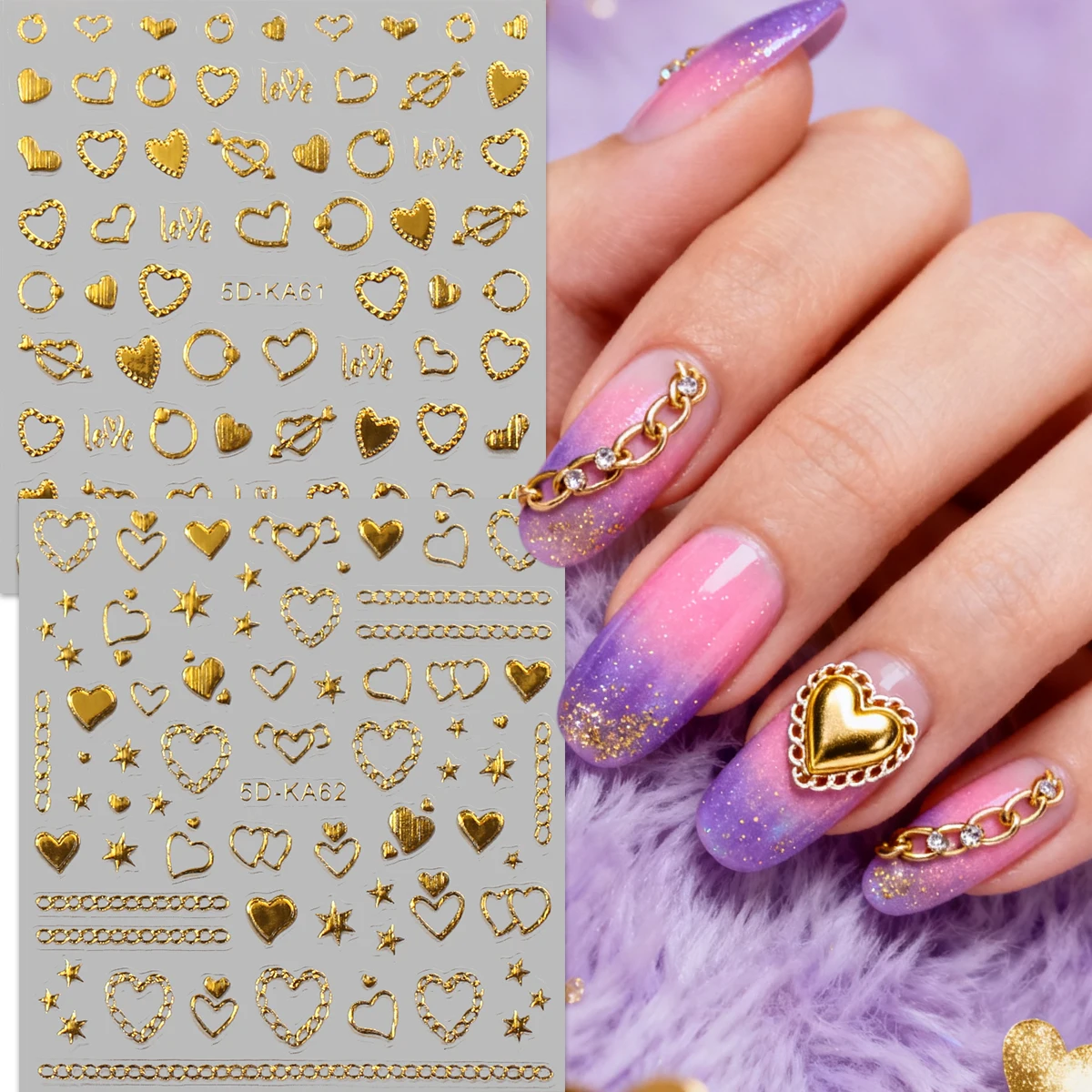 2 Stück Love Star Chain Heißpräge-Nagelkunstaufkleber mit Prägung, künstlerische Aufkleber, einfach für Nageldekoration, Heimwerken, Geschenke, Image