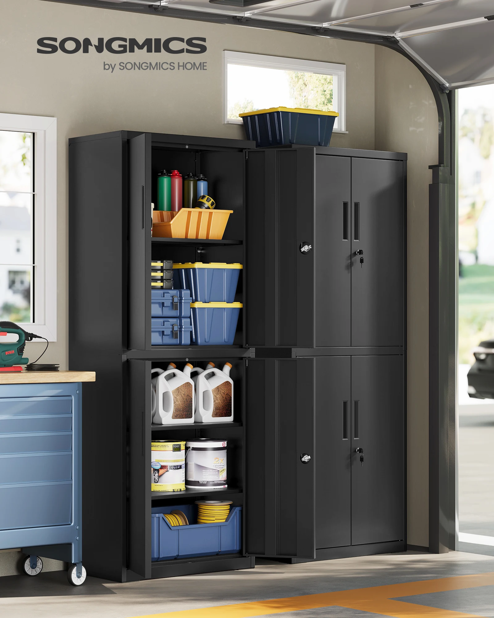 SONGMICS Aktenschrank, Aufbewahrungsschrank, 40 x 60 x 180 cm, 4 Schranktüren und 2 Schlösser, schwarz Image