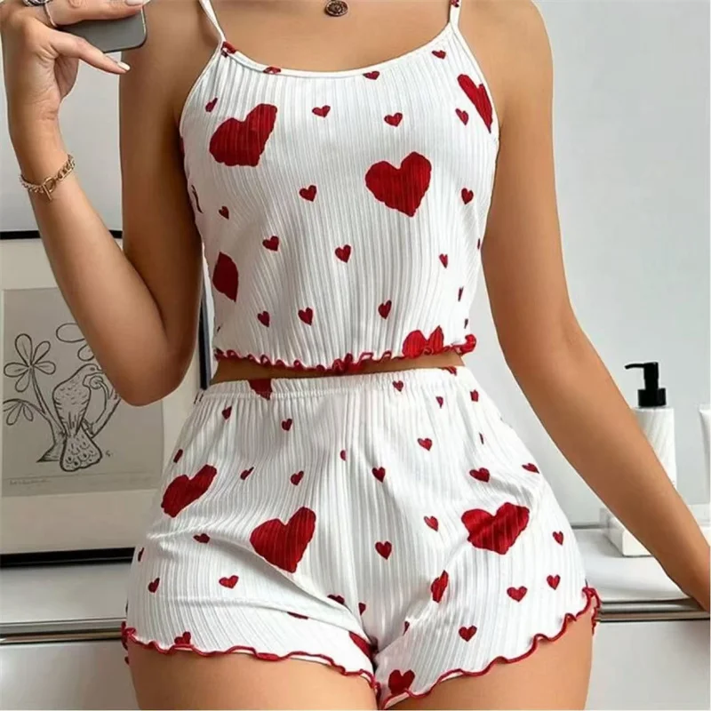 5 Größen zur Auswahl: S, M, L, XL, 2XL, Damen-Pyjama-Set, Träger, Nachtwäsche, Weste + Shorts, rote Herz-Druck-Nachtwäsche, sexy Dessous