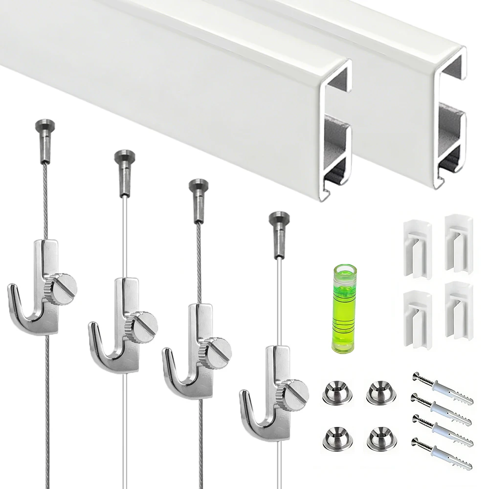 2-teiliges Bildaufhängesystem, J-Haken-Schienenset, verstellbare Höhe der Kabel, Seil, verwendet für Galerie-Rahmen-Aufhängewerkzeug