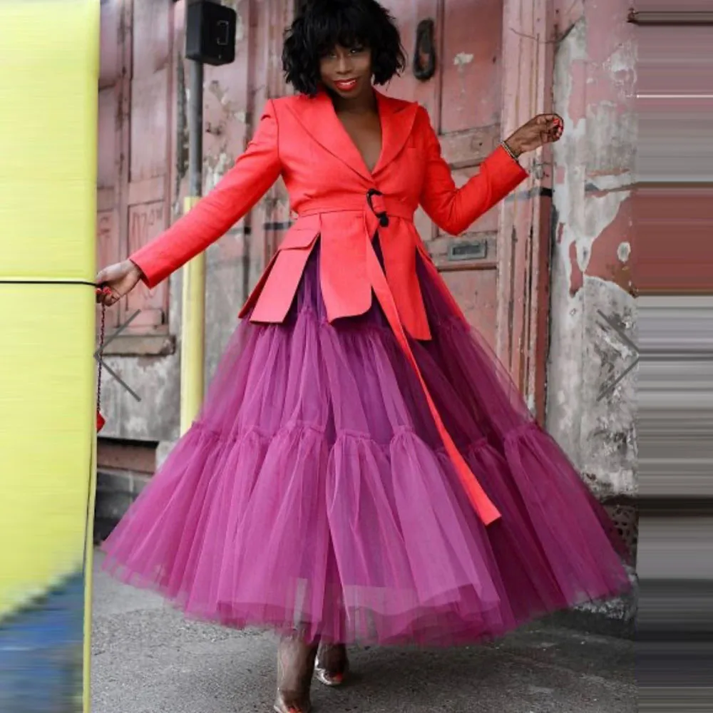 Lila bauschiger Tüll-Maxirock, elegant, maßgeschneidert, Rüschen, lange Abschlussball-Party-Röcke, extra üppiger Tüll-Tanzrock ohne Oberteil Image