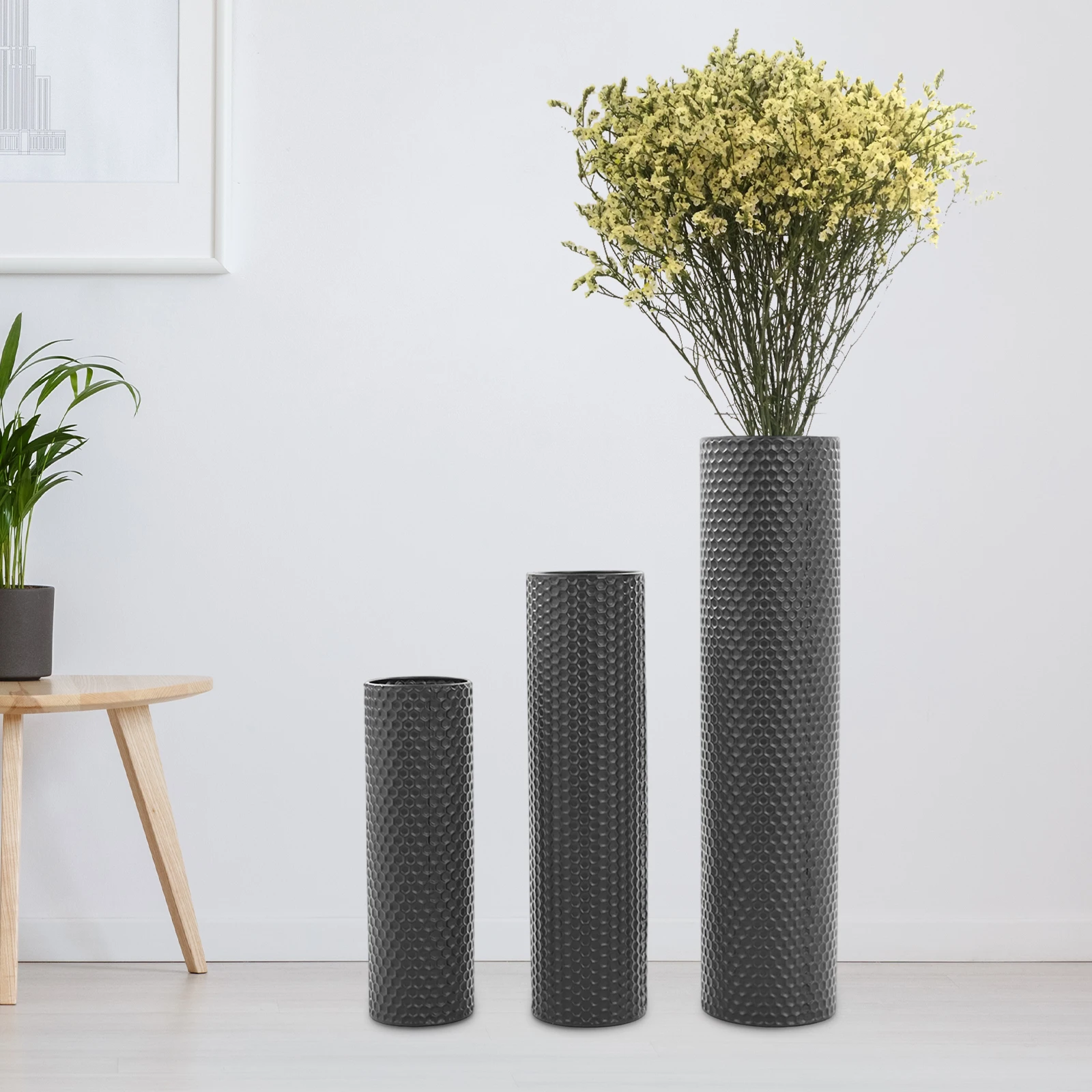 3-teiliges Set, moderne Bodenvasen, Zylindervasen mit Wabenstruktur, große zeitgenössische Heimdekoration für den Eingangsbereich des Wohnzimmers Image