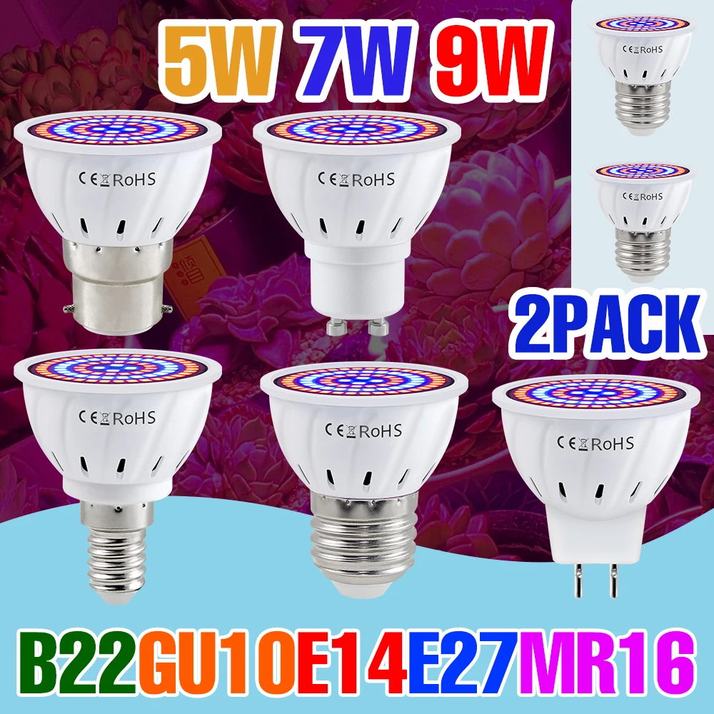 2 Stück 9W E27 LED Pflanzenlampe E14 Pflanzenleuchte GU10 Strahler MR16 Indoor-Blumen- und Topfpflanzenbeleuchtung für Kakteen und Färsen 7W 5W