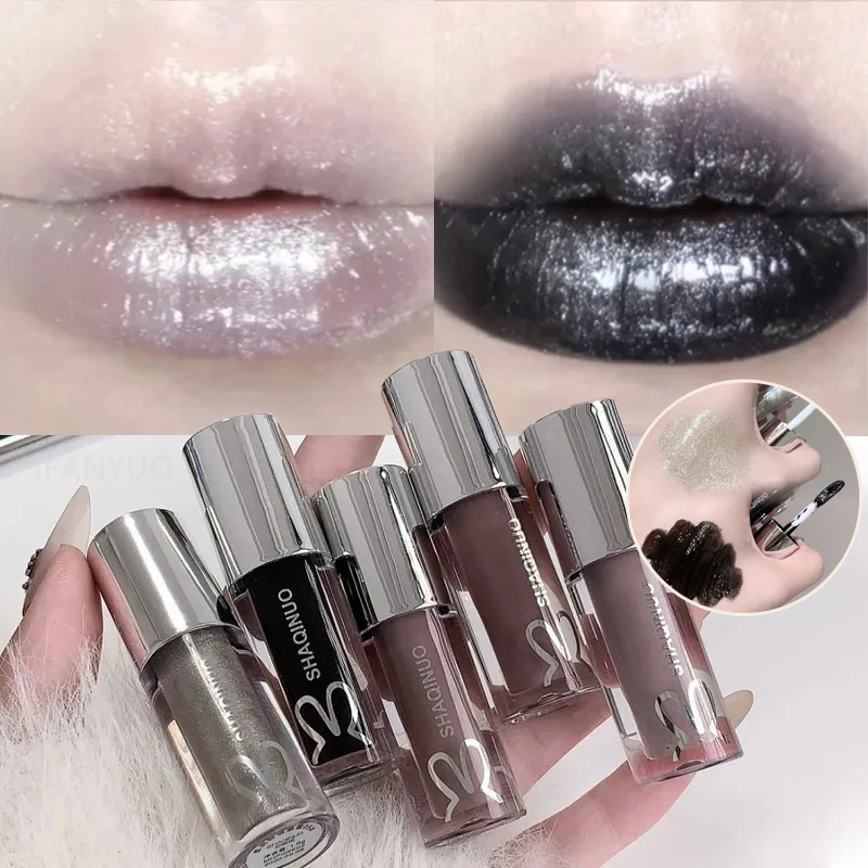 Schwarzer Gothic-Lipgloss, Spiegel, feucht, matt, Gothic, reines Schwarz, Silber, feine Blitz-Lippenglasur, niedrige Sättigung, dauerhaftes Lippentönungs-Make-up