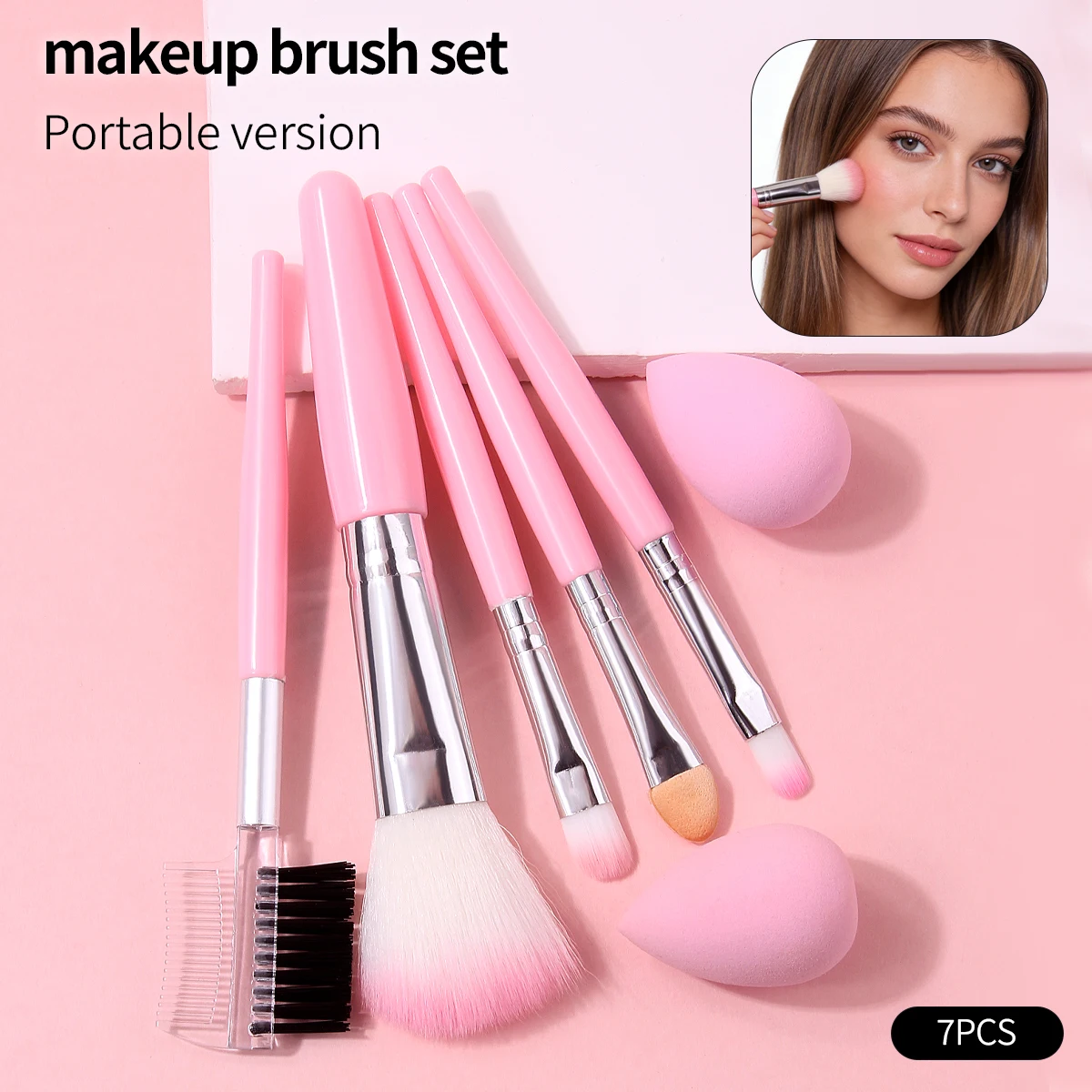 7-teiliges Mini-Make-up-Pinselset mit mehreren Funktionen & doppelseitiger, trocken-nass verwendbarer kleiner Make-up-Schwamm-Ei, tragbare Make-up-Tools für unterwegs Image