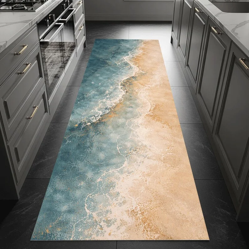 Abstrakter Ocean Runner-Teppich mit Küstennahem Wellenmuster, Blau-Beige Bodenbelag für Küche und Flur, Langes Schmales Design für Wohnraumdekoration