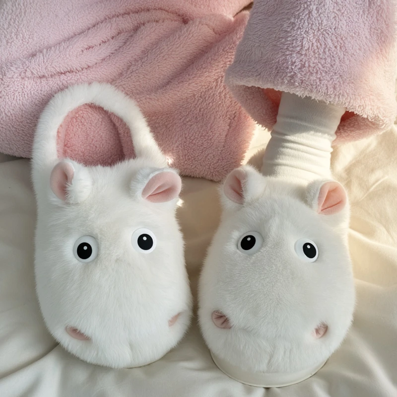 Frauen Innen Flauschigen Hausschuhe Niedlichen Cartoon Hippo Herbst Winter Hausschuhe Warme Plüsch Anti-slip Weibliche Hause Boden Baumwolle Rutschen Image