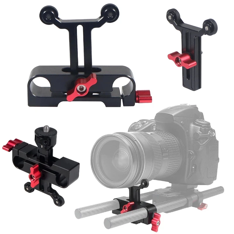 15 mm Rohrstangenklemme, universelle DSLR-Kameraobjektivunterstützung, verstellbare Y-förmige Halterung, Käfig-Rig, Follow Focus System, langer Objektivhalter Image