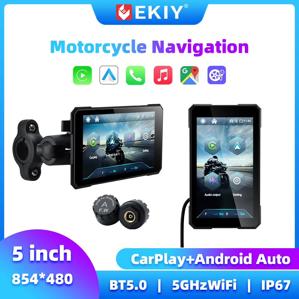 EKIY 5-Zoll-Motorrad-GPS-Bildschirm, rotierender Motorrad-Carplay-Bildschirm, Navigation, GPS-Monitor, kabelloses Carplay, Android Auto Image