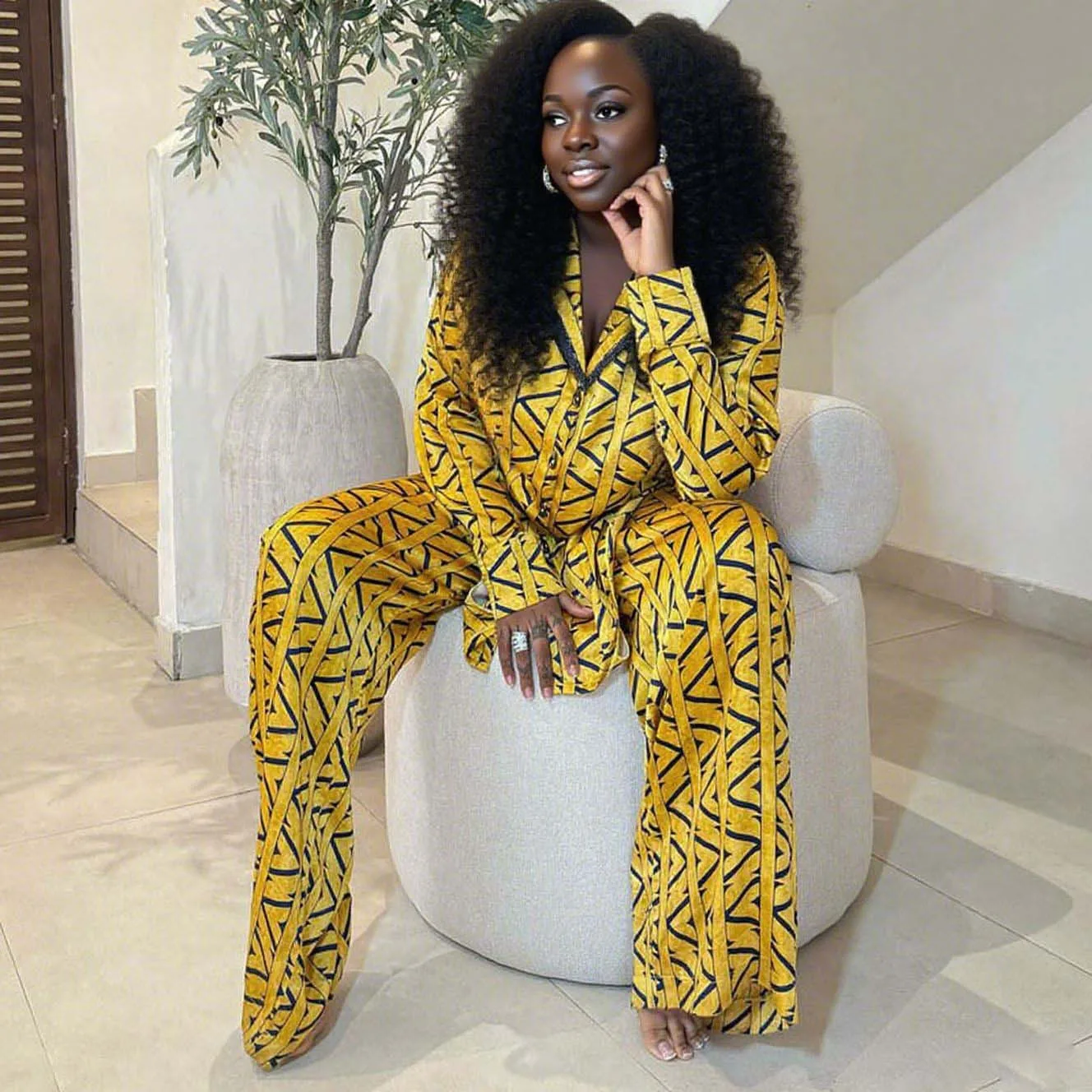 Zwei Stücke Frauen Hose Sets Drucken Passenden Set Langarm Hemd Elastische Taille Breite Bein Hose Dünne Lose Beiläufige 2025, Frühling Sommer Image