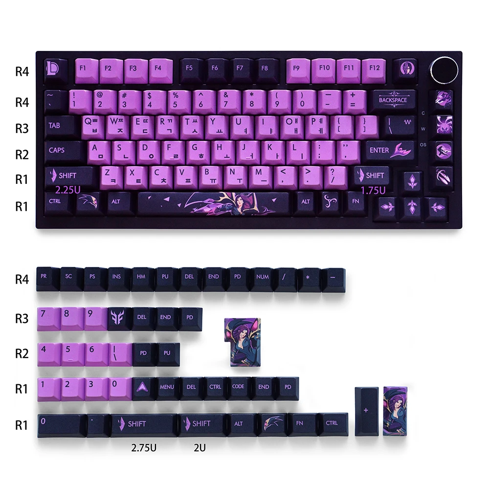 Koreanische Kai'Sa-Themen-Tastenkappen, Kirschprofil, PBT, 130 Tasten, fünfseitige Dye-Sub-Tastenkappe für 60/61/64/84/87/96/104/108 mechanische Tastatur Image