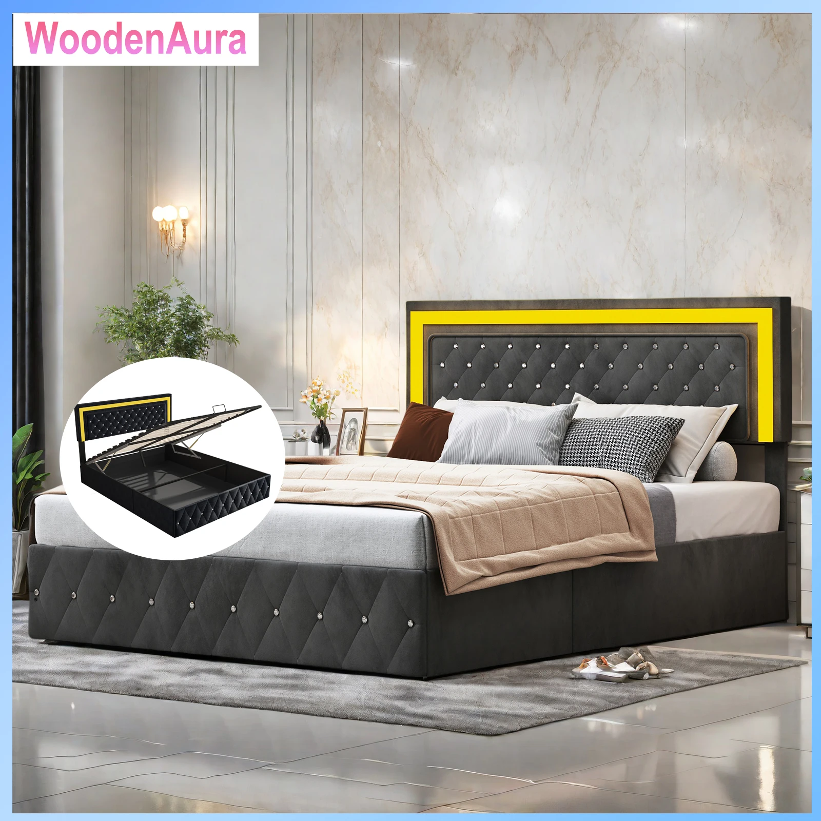 Bett 180x200 cm, mit Lattenrost und Stauraumfunktion, Stauraumbett, Doppelbett, Bettgestell, Samt, schwarz.