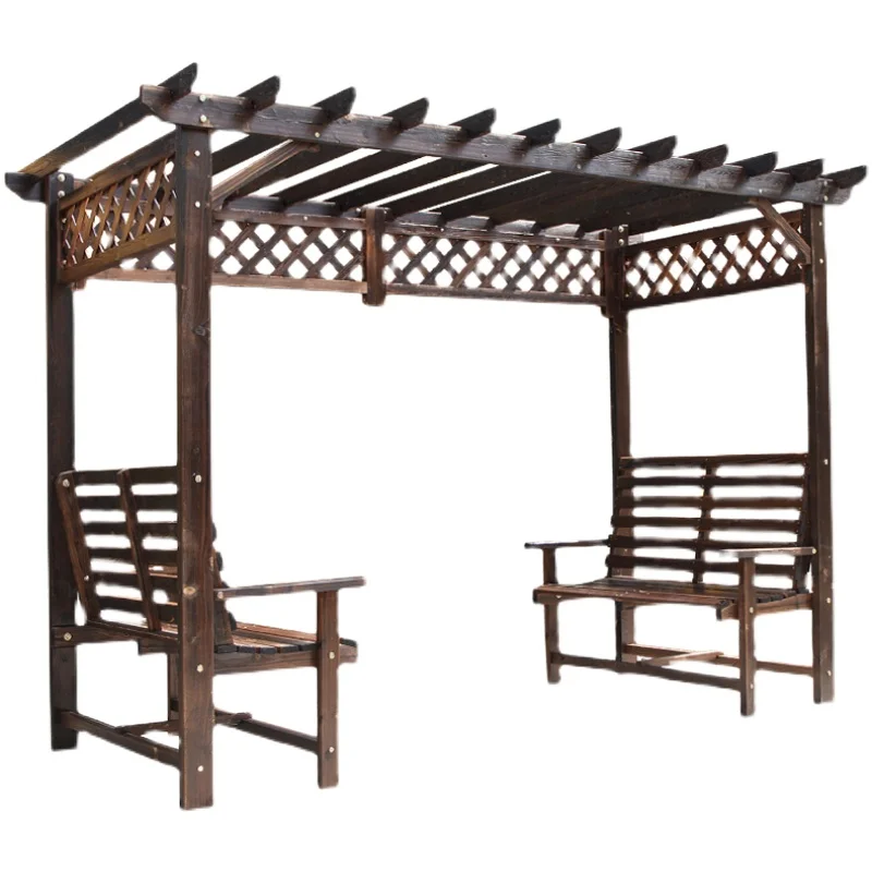 Traubenspalier, korrosionsbeständiges Massivholz für den Außenbereich mit Tisch und Stühlen, Holzhaus, Pavillon-Markise, Innenhof einer Villa im Freien, cl Image