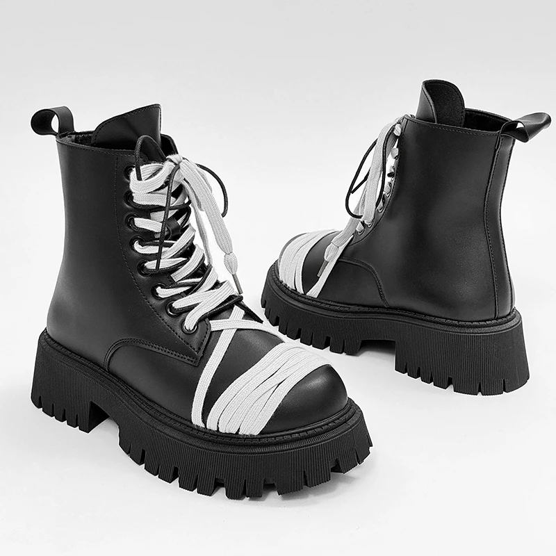 Street Style Herren Motorradstiefel Schnürdesign Lederstiefel Herren Komfort Plateau Biker Stiefel für Herren High Top Arbeitsschuhe