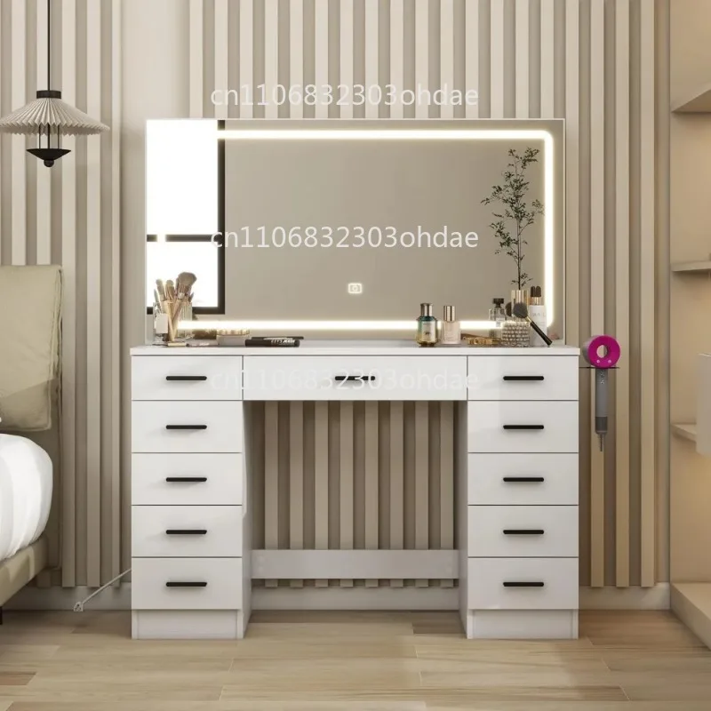 Schminktisch mit LED-Leuchten und Hocker, 3 Beleuchtungsmodi, Helligkeit, Schminktisch mit 11 Schubladen, Schminktisch mit Glassplatte und Spiegel Image
