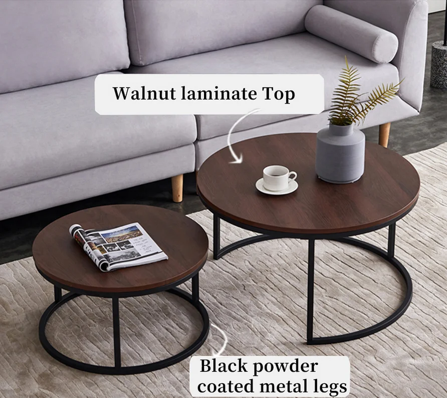 Fangange 2 Stück moderner runder Couchtisch, Beistelltisch (Marmorimitat), Metallgestell, für Wohnzimmer und Balkon, Gold/Schwarz Image