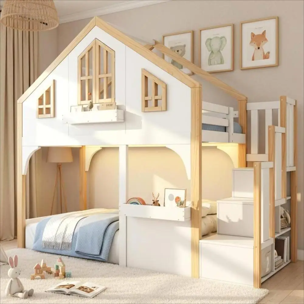 90x200cm Kinder-Etagenbett, Holzbett, modernes Hausbett mit LED und Stauraumtreppe, Fensterform, Weiß + natürliche Farbe Image