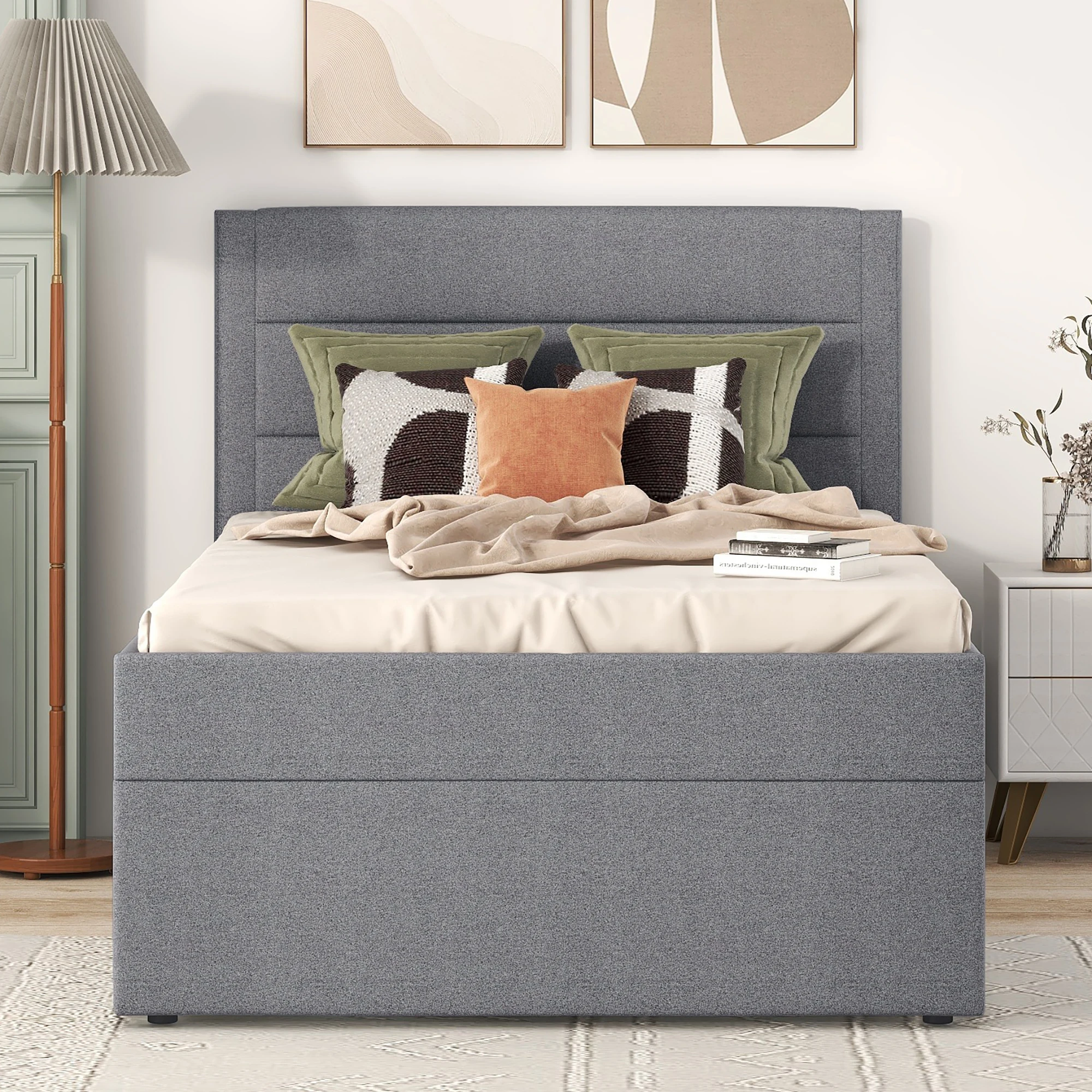 Polsterbett, 90 x 200, Einzelbett mit Lattenrost aus Metallrahmen, großer Stauraum, ohne Matratze, grau, 200 x 90 cm. Image