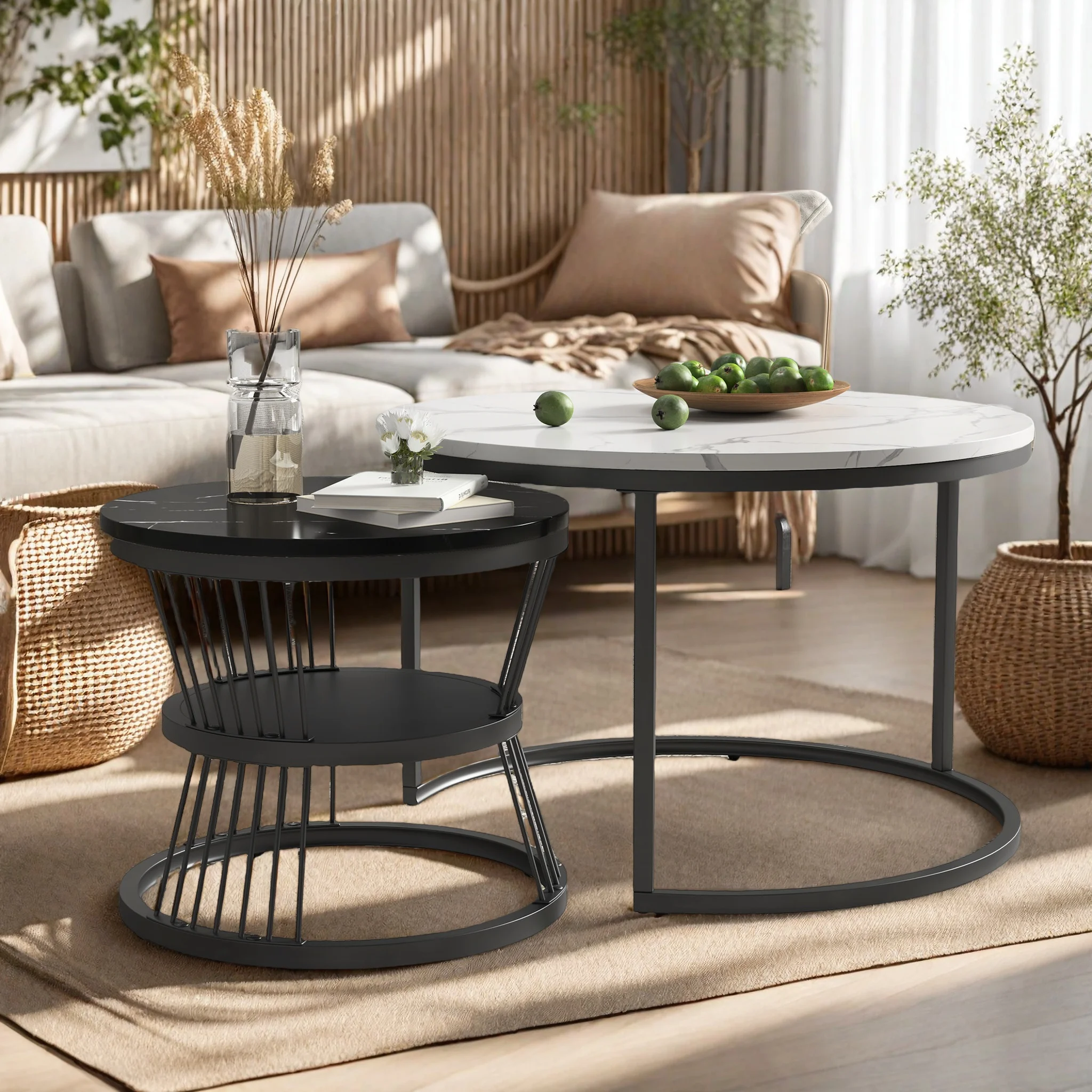 Couchtisch Rund 2er Set, Rund Beistelltisch Set mit Metallgestell, Moderne Kaffeetische Satztische mit Stauraum, ausziehbare Tische, Sofa Tisch für Wohn Schlaf, Weiß+Gold/Schwarz+Gold/‎Weiß +Schwarz Image