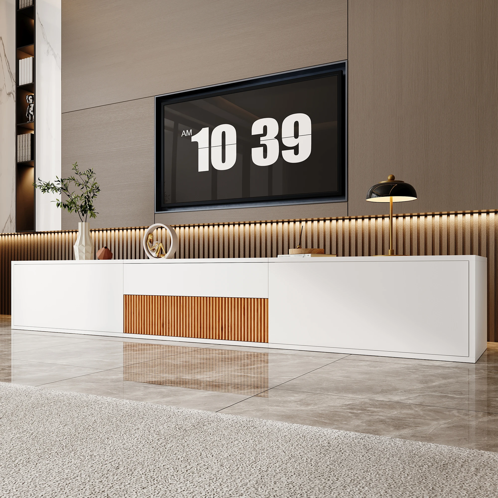 Moderner TV-Schrank, TV-Ständer, TV-Panel, unterer TV-Ständer. Einzigartiges Design, kann einen Projektor halten. 180 x 34 x 30 cm (L x B x H) Image