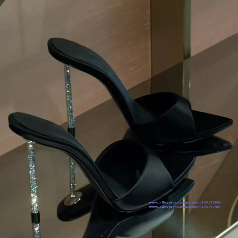 Schwarz Satin Spitze Zehen Pantoletten Hausschuhe Diamant Ferse Hochhackigen Sandalen frauen Schuh Luxus Designer Alias De Mujer Verano