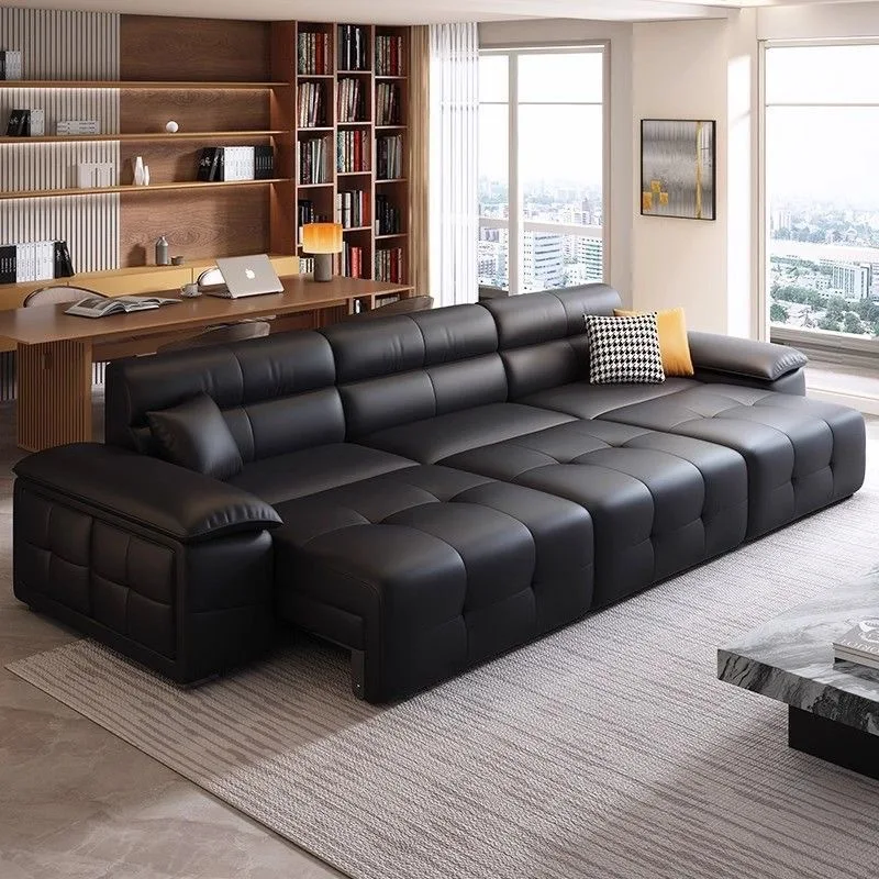 Elektrisches Ledersofa aus erstklassigem Rindsleder, großes gerades Sofa für das Wohnzimmer, multifunktionales, ausziehbares Leder mit doppeltem Verwendungszweck