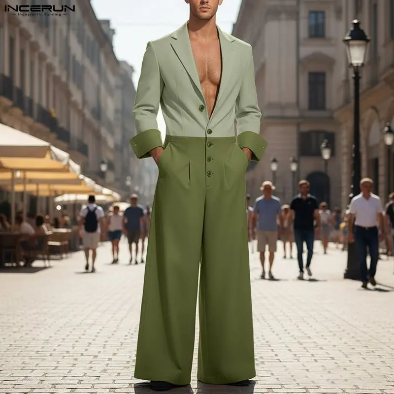 INCERUN Herren Jumpsuits Patchwork Farbblock Revers Langarm Herren-Overalls Streetwear Locker 2026 Mode Lässige Overalls für Männer Image