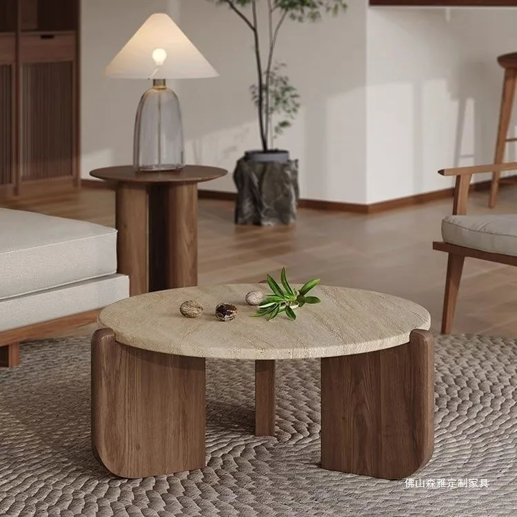 Couchtisch aus Travertin aus massivem Holz, minimalistischer kleiner Teetisch, Wohnzimmer für kleine Wohnungen, runder Balkon für zu Hause, niedriger Marmortisch Image