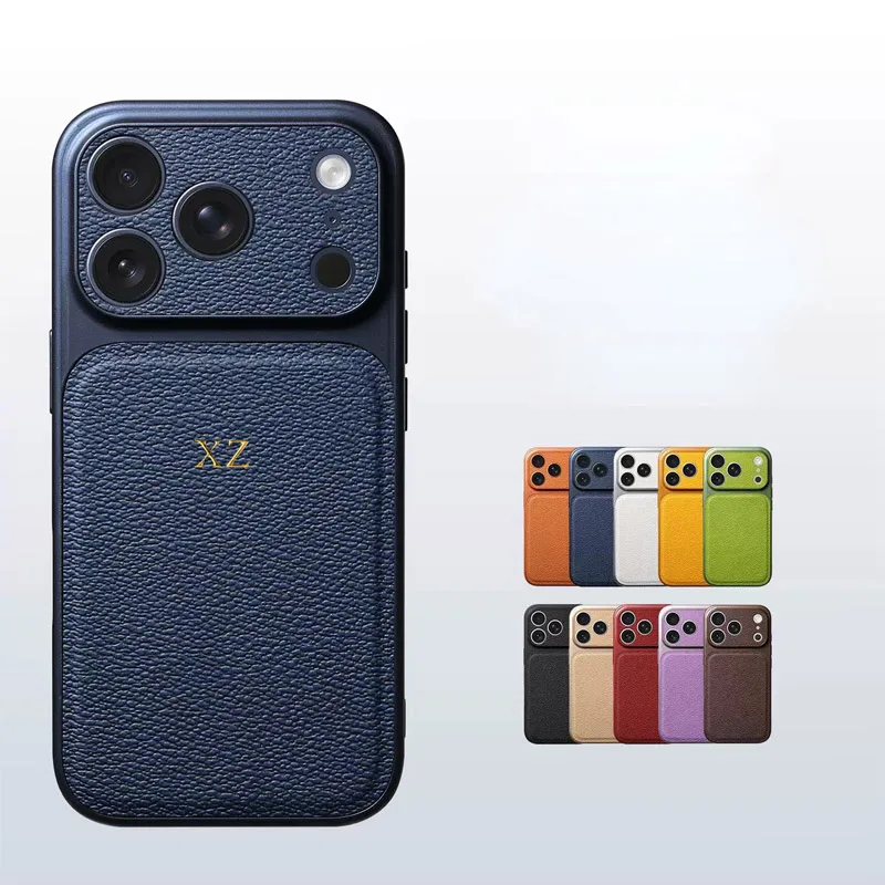 Personalisieren Sie die Gold-Silber-Initialen-Buchstaben-Ledertasche für das iPhone 15 14 13 17 Pro Max 14 16 Plus 17 Air Luxus-Linsen-Protextion-Hülle Image