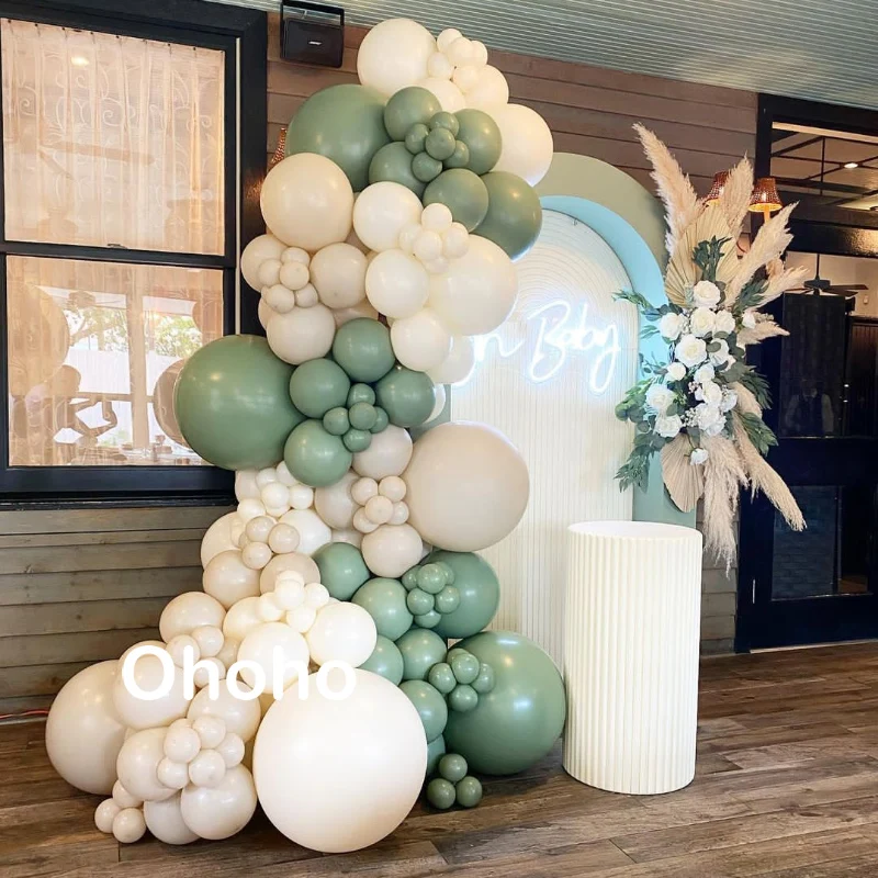 Creme Beige Grüne Ballon-Girlande Bogen-Set für Babyparty Mädchen Junge Geburtstag Hochzeit Verlobung Dekoration Taufe Image