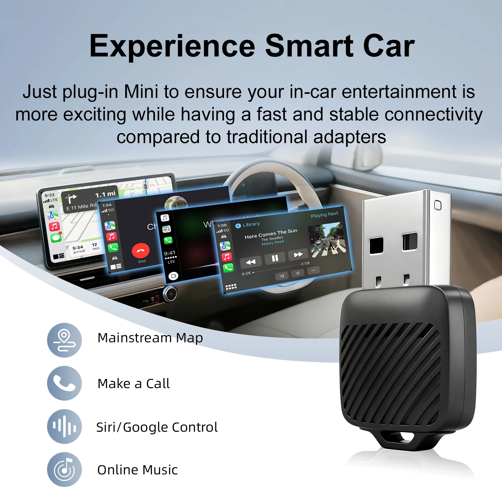 EzoneTronics Kabelloser CarPlay- und Android Auto-Adapter für werkseitig verkabelte Fahrzeuge, kabelloses CarPlay & Android Auto 2 in 1 Image