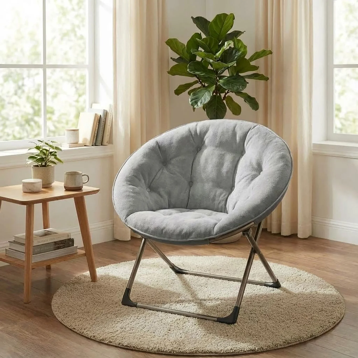 Kunstfell-Saucer-Stuhl, faltbar, ohne Montage, dick gepolsterter Loungesitz, ergonomisch, rutschfest, für alle Altersgruppen, für Zuhause, Büro, Schlafzimmer Image