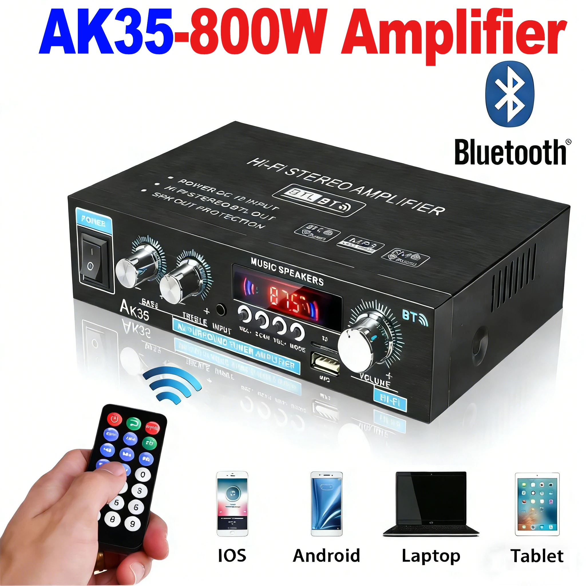 AK35 800W Heim-Leistungsverstärker 2-Kanal Bluetooth 5.0 Surround Sound FM USB Fernbedienung Mini HIFI Digitaler Stereo-Verstärker Image