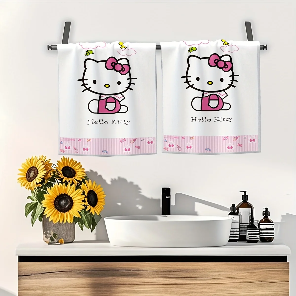 2-teiliges Sanrio Niedliches Hello Kitty Handtuch-Set - 2D Einseitiger Druck, Superweich Saugfähig Schnelltrocknend, Gestreiftes Küchen-Geschirrtuch für Zuhause Image